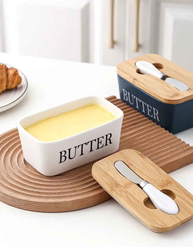 Ceramic Butter Dish with Bamboo Lid & Spreader - ARLUVI