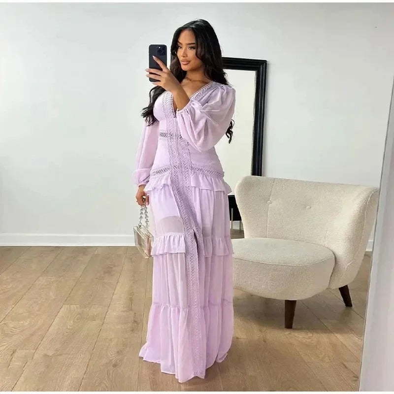 VELORIA™ Comfortable Maxi Dress with V-Neckline and Long Sleeves - ARLUVI
