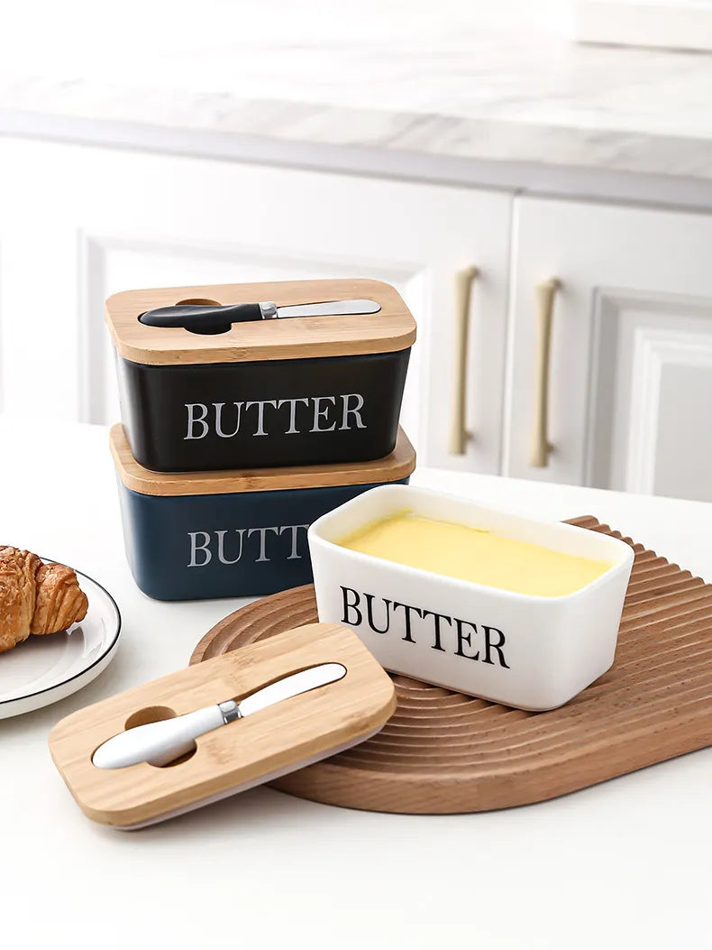 Ceramic Butter Dish with Bamboo Lid & Spreader - ARLUVI