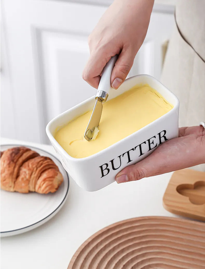 Ceramic Butter Dish with Bamboo Lid & Spreader - ARLUVI