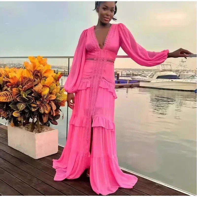 VELORIA™ Comfortable Maxi Dress with V-Neckline and Long Sleeves - ARLUVI