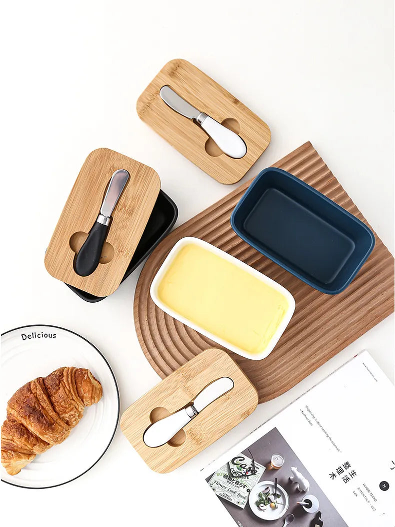 Ceramic Butter Dish with Bamboo Lid & Spreader - ARLUVI