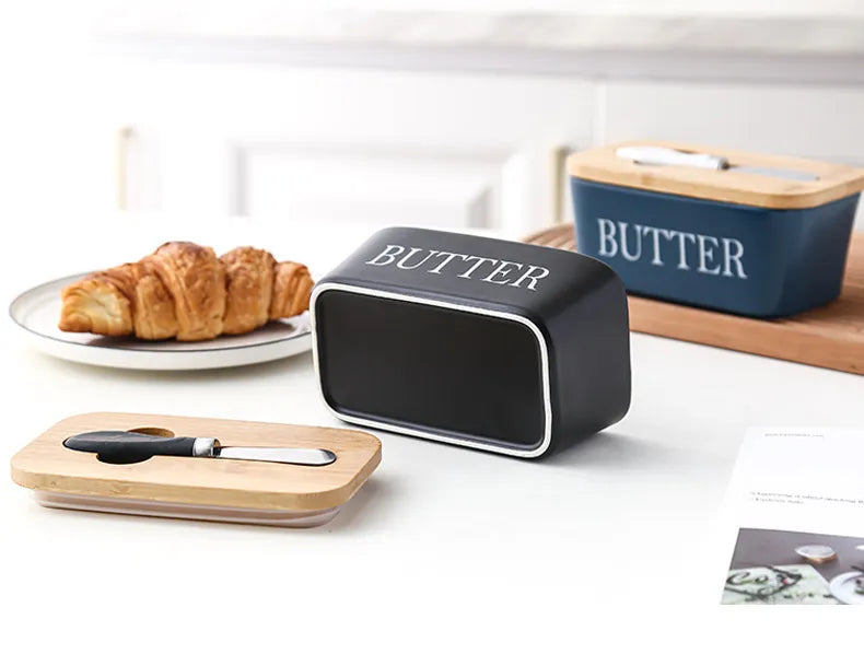 Ceramic Butter Dish with Bamboo Lid & Spreader - ARLUVI
