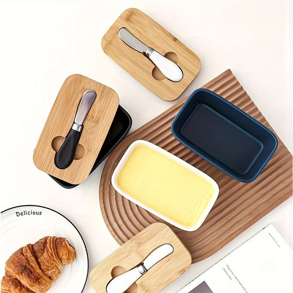 Ceramic Butter Dish with Bamboo Lid & Spreader - ARLUVI
