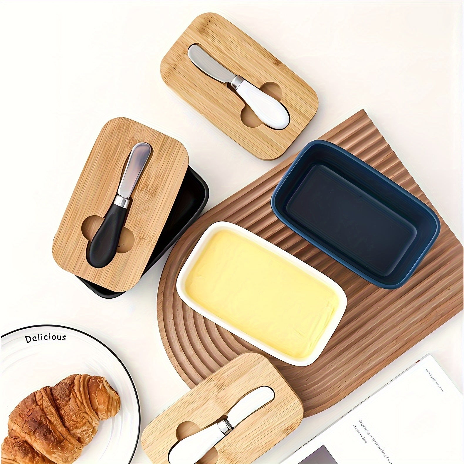 Ceramic Butter Dish with Bamboo Lid & Spreader - ARLUVI