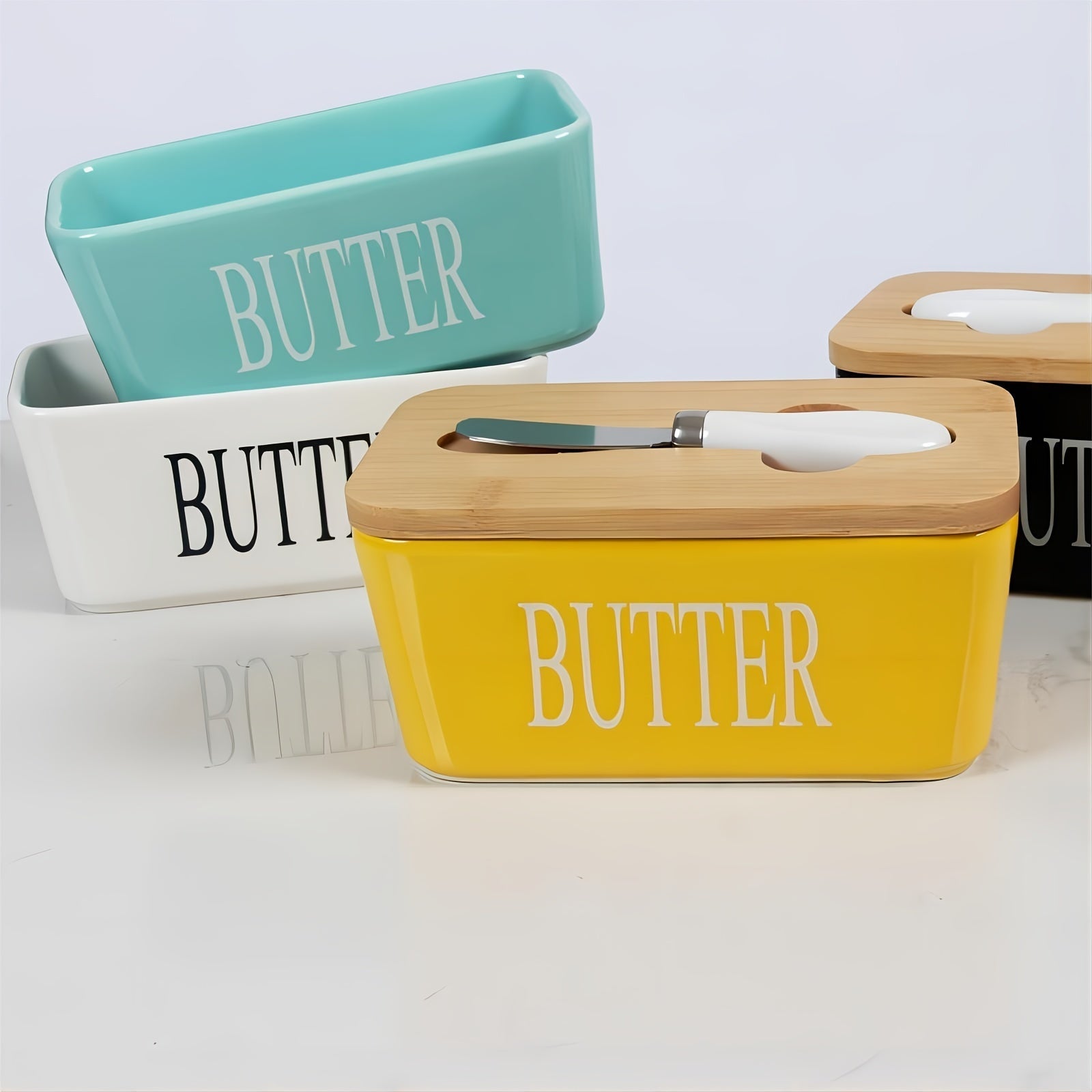 Ceramic Butter Dish with Bamboo Lid & Spreader - ARLUVI