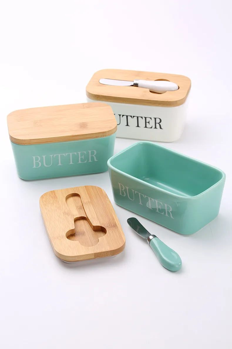Ceramic Butter Dish with Bamboo Lid & Spreader - ARLUVI