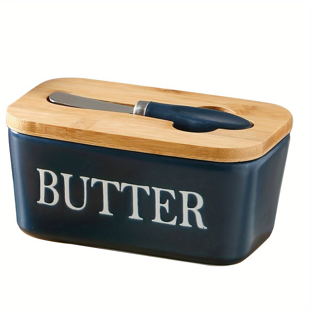 Ceramic Butter Dish with Bamboo Lid & Spreader - ARLUVI