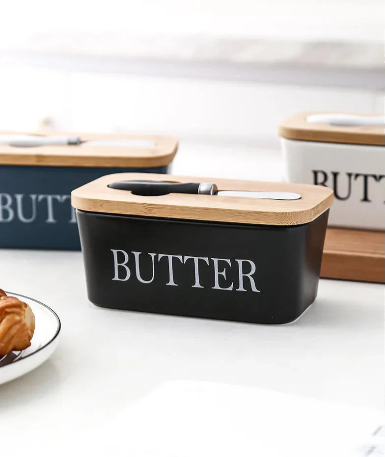Ceramic Butter Dish with Bamboo Lid & Spreader - ARLUVI