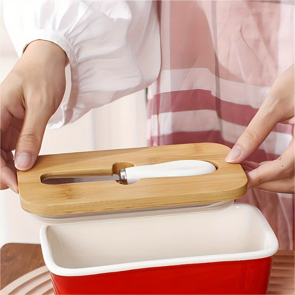 Ceramic Butter Dish with Bamboo Lid & Spreader - ARLUVI