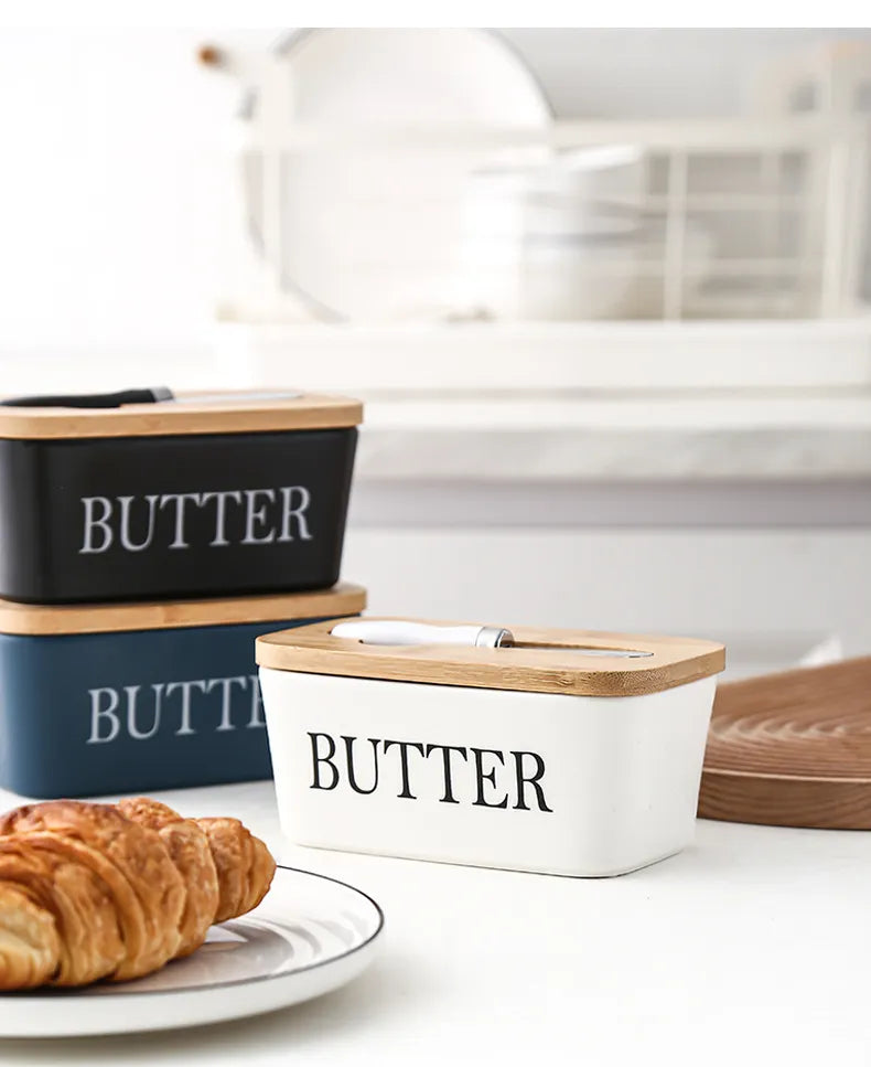 Ceramic Butter Dish with Bamboo Lid & Spreader - ARLUVI