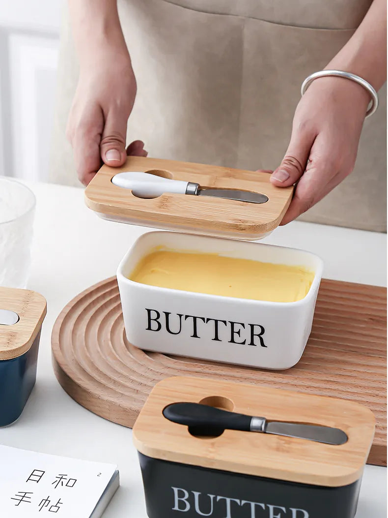 Ceramic Butter Dish with Bamboo Lid & Spreader - ARLUVI