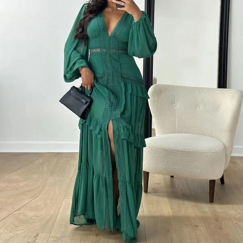 VELORIA™ Comfortable Maxi Dress with V-Neckline and Long Sleeves - ARLUVI